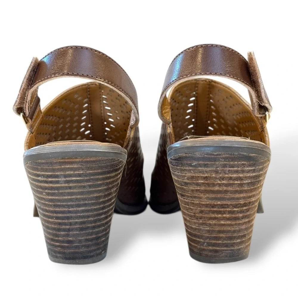 Dr. Scholls Codie Brown Perforated Peep Toe Slingback Block Heel Sandals 8.5M‎